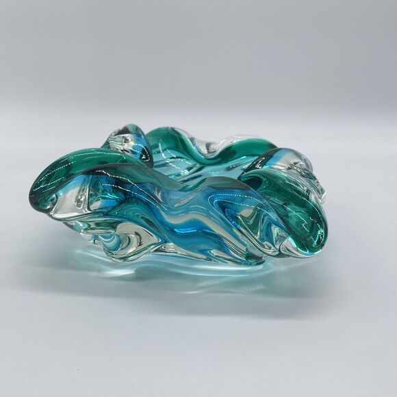 Murano Style Art Glass Ashtray Bowl Green Blue Sommerso Mid Century Heavy Piece - Picture 6 of 8